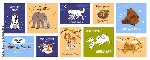 Set of design templates of cards for Mother's day. Congratulation postcards with mums animals and their cute babies. Lettering phrases of love, gifts for moms on holiday. Flat vector illustrations