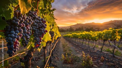 grapes and vineyard, landscape with sunlight poster	