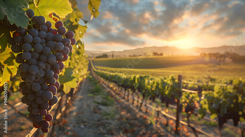 grapes and vineyard, landscape with sunlight poster	