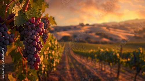 grapes and vineyard, landscape with sunlight poster	