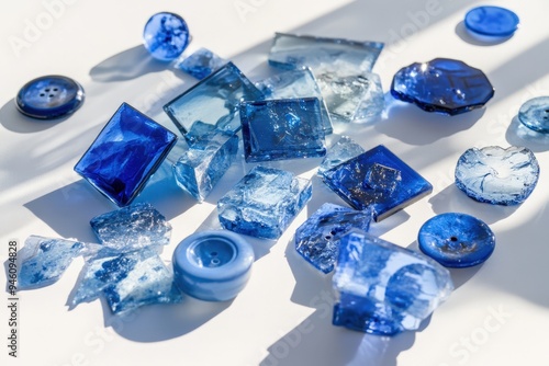 A collection of blue glass buttons, beads, and cabochons.