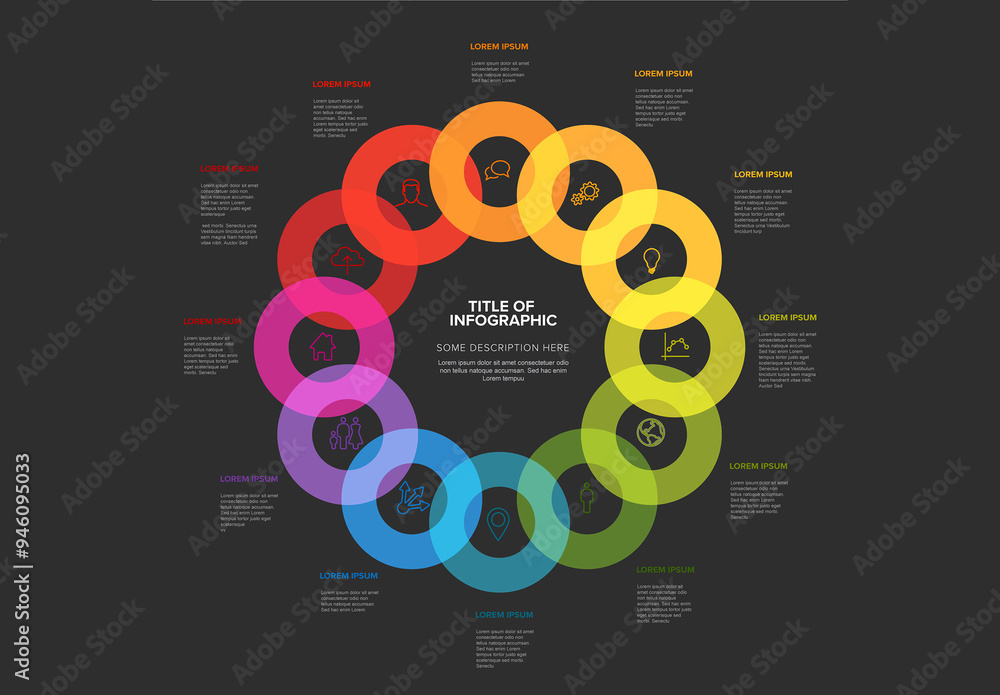 Multipurpose dark infographic template with twelve icons in circles