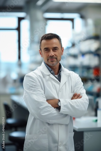 Caucasian scientist stands confidently in laboratory surrounded by scientific equipment. He wears a crisp white lab coat and has a serious expression on his face. photo