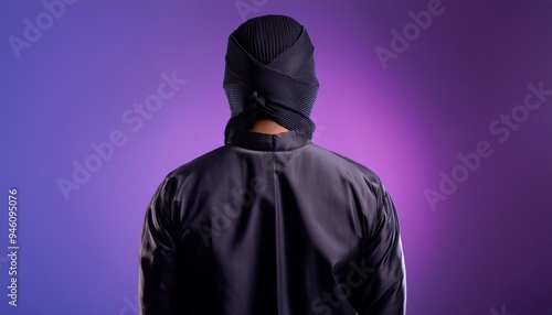 Ninja from the back on purple background, Generative AI photo