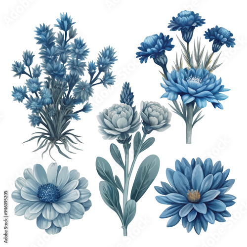 Digital Watercolor Set of Blue Flowers Isolated on White Background