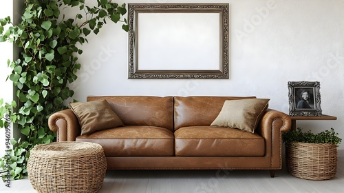 Cozy and inviting rustic farmhouse living room with a distressed leather sofa woven basket side table trailing ivy plant and an ornate pewter photo frame