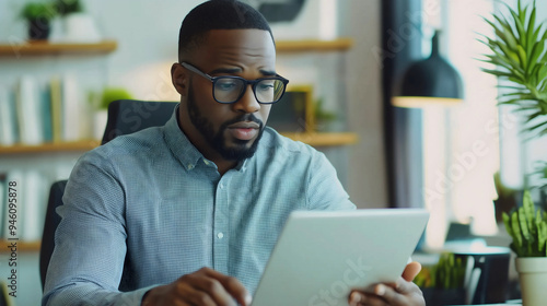 A handsome Black man, dressed in a business suit, uses an iPad to research the stock market, statistics, data, and charts about today's business market. 