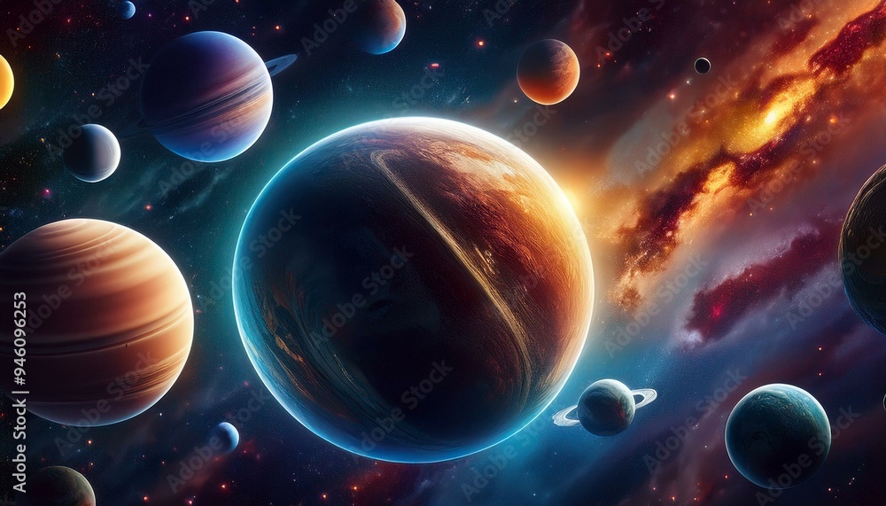 Planets with nebula in the background, planets of a solar system, Generative AI Planets with nebula in the background, planets of a solar system, Generative AI