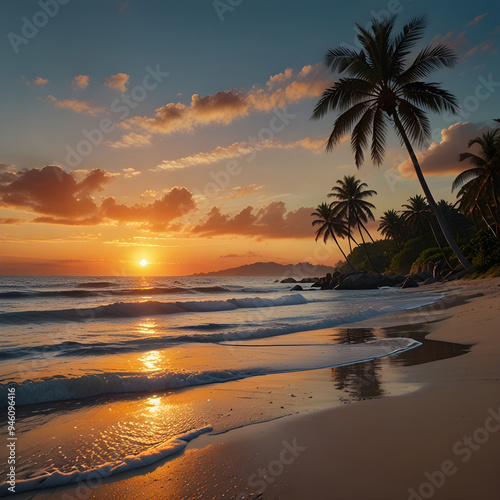 Sunset sea beach and sun ocean sunrise palm