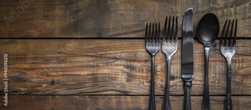 Silver fork set against a wooden background. Copy space image. Place for adding text and design