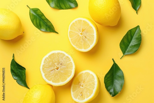 Lemon slices with leaves on yellow background Top view Flat lay