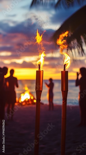 Friends gather around a bonfire on the beach, celebrating a birthday while enjoying the vibrant sunset and warm golden glow