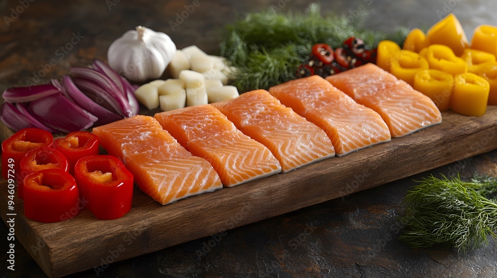 A fresh salmon fillet placed at the center of a vibrant display of ingredients, including bell peppers, garlic, and dill, on a rustic wooden board. The composition is rich in color and texture. A fresh salmon fillet placed at the center of a vibrant display of ingredients, including bell peppers, garlic, and dill, on a rustic wooden board. The composition is rich in color and texture.