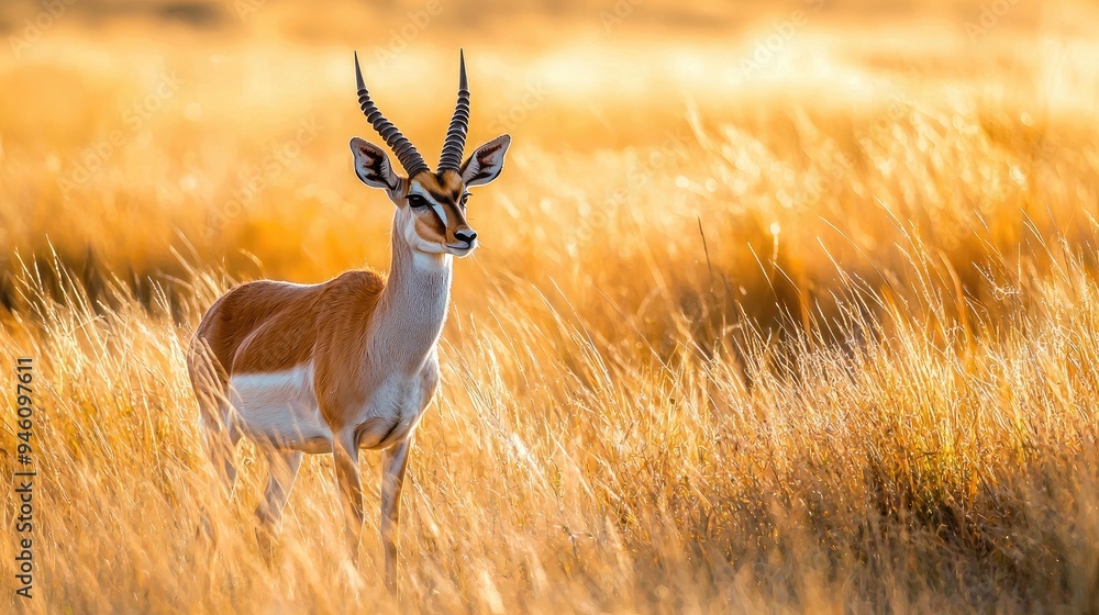 A graceful antelope standing alert in a grassy savannah with tall golden grass swaying around it. A graceful antelope standing alert in a grassy savannah with tall golden grass swaying around it.