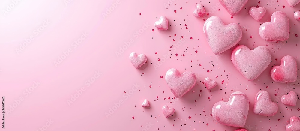 Valentine s Day backdrop Pink hearts on a pastel pink background Valentine s Day theme Flat lay top view copyspace Valentine s Day backdrop Pink hearts on a pastel pink background Valentine s Day theme Flat lay top view copyspace