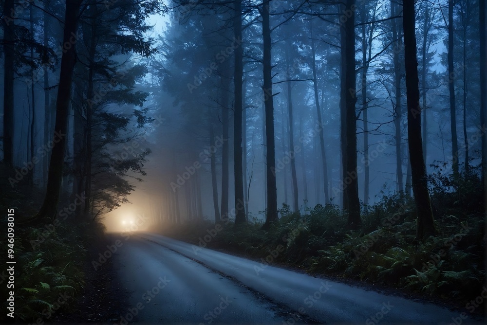 Naklejka premium Lonely Road in the Misty Forest at night with copy space for Halloween and horror stories.