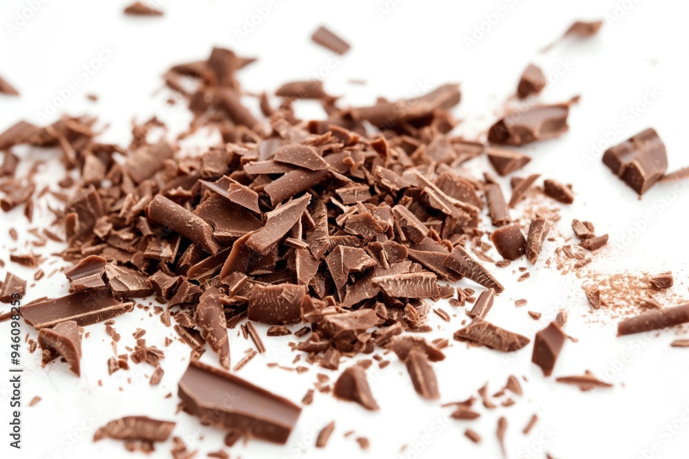 Milk chocolate shavings on white background. Close-up of milk chocolate fragments with rough texture and brown color. Chocolate pieces spread out flat, isolated on a clean surface. Milk chocolate shavings on white background. Close-up of milk chocolate fragments with rough texture and brown color. Chocolate pieces spread out flat, isolated on a clean surface.