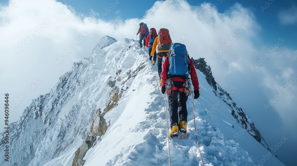 A group of mountaineers ascending a snowy peak, roped together for safety. A group of mountaineers ascending a snowy peak, roped together for safety.