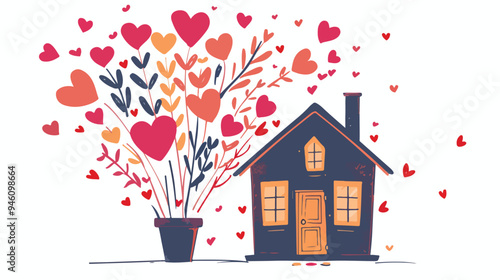 Whimsical House with Heart Bouquet Emanating from Chimney