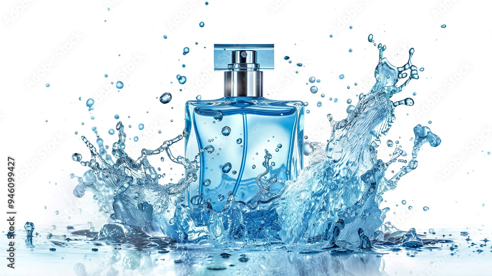 Water splash with blue perfume bottle isolated on white background Water splash with blue perfume bottle isolated on white background