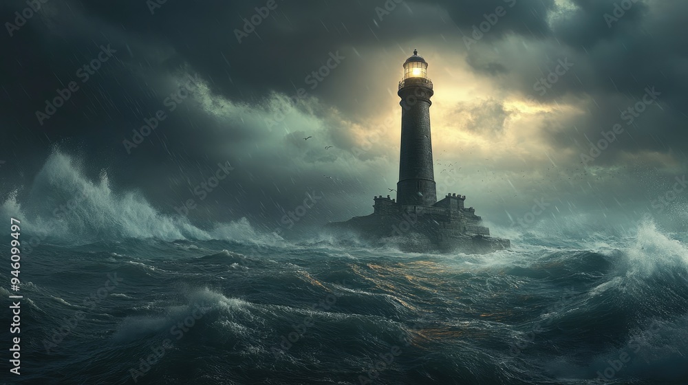 A lighthouse towers above a stormy sea, standing as a beacon of hope against the backdrop of fierce waves and dark skies A lighthouse towers above a stormy sea, standing as a beacon of hope against the backdrop of fierce waves and dark skies