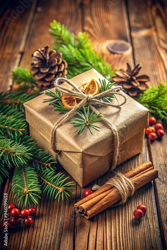 Minimalist brown Christmas gift box on a weathered wooden table