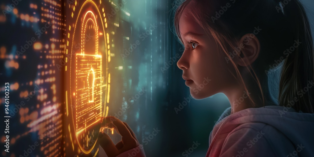 Young girl gazing at glowing digital lock screen on futuristic computer. Neon lights illuminate virtual world of cybersecurity. Girl face reflects innocence and curiosity in cyberspace. Young girl gazing at glowing digital lock screen on futuristic computer. Neon lights illuminate virtual world of cybersecurity. Girl face reflects innocence and curiosity in cyberspace.