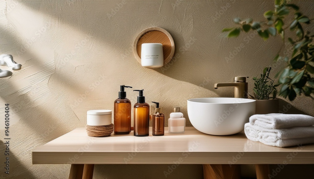 Serene bathroom with textured wall and vanity table with skincare products. Serene bathroom with textured wall and vanity table with skincare products.
