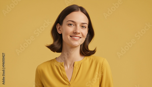 Portrait adulte femme employée souriante fond jaune entretien embauche.