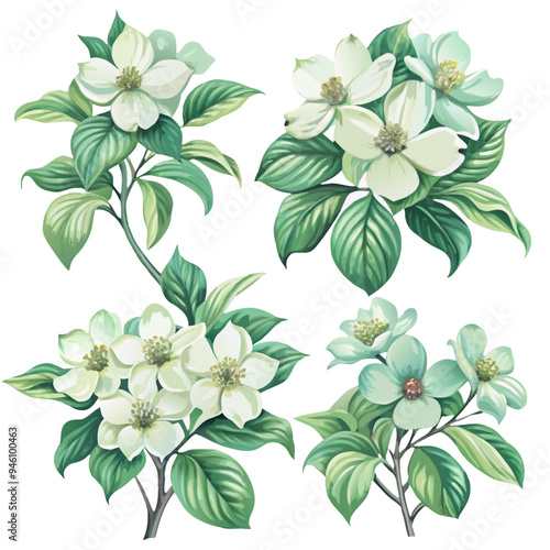 Watercolor Dogwood Branches with White and Light Blue Blossoms