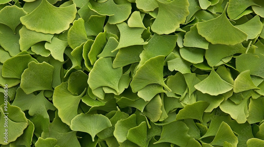 Vibrant green ginkgo leaves are displayed in intricate detail, highlighting their unique shapes and smooth textures against a natural background Vibrant green ginkgo leaves are displayed in intricate detail, highlighting their unique shapes and smooth textures against a natural background