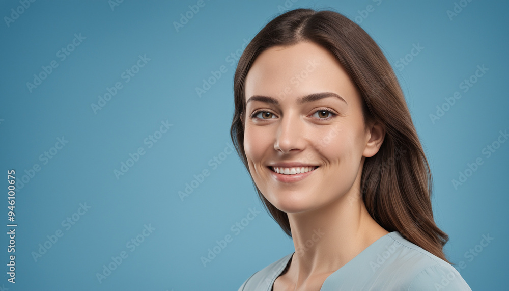 Portrait adulte femme employée souriante fond bleu entretien embauche. Portrait adulte femme employée souriante fond bleu entretien embauche.