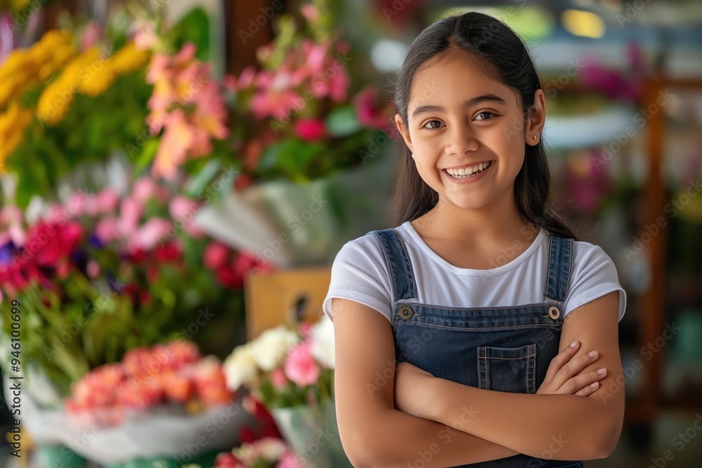 Naklejka premium Young latin woman shopkeeper at florist shop. She wears casual attire, apron, and smiles happily. Green plant in the background, sunlight shines on her face.