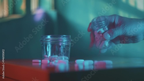 Person taking pills and abusing medications in a Mental Hospital. 