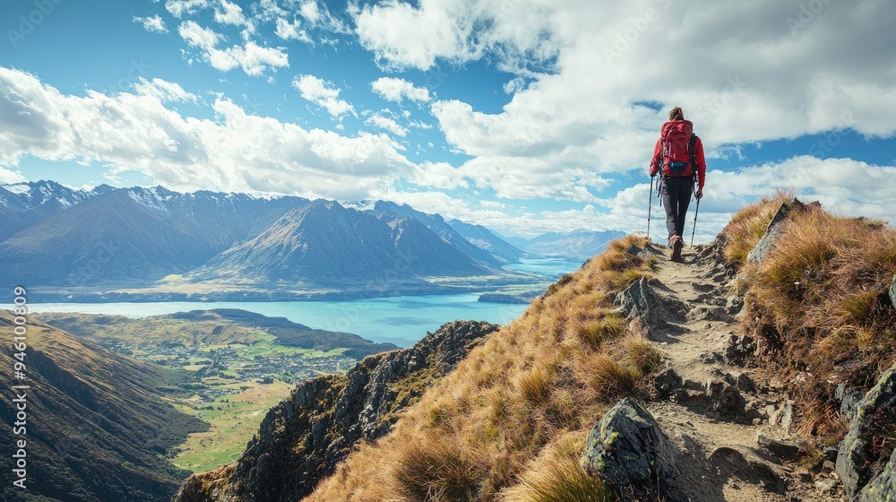 Obraz premium A hiker climbing a steep mountain trail, with a breathtaking view of the landscape below.