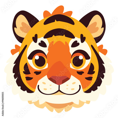 Cute tiger face, a simple flat illustration style with bright colors and a white background