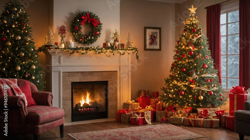 Cozy Christmas living room with fireplace, decorated trees, stockings, and wrapped presents.