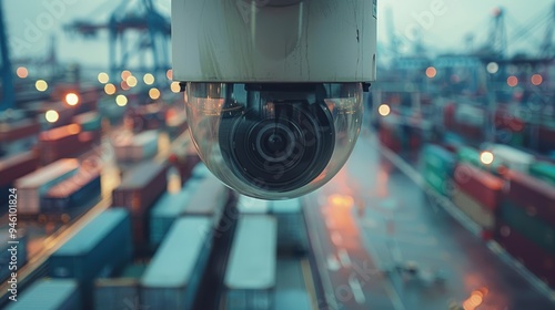 Close-up of a surveillance camera monitoring a busy shipping container yard at dusk, highlighting security and logistics.