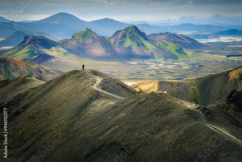 Obraz na plátně A hiker on a trail in Landmannalaugar, Icelandic Highlands, adventure concept
