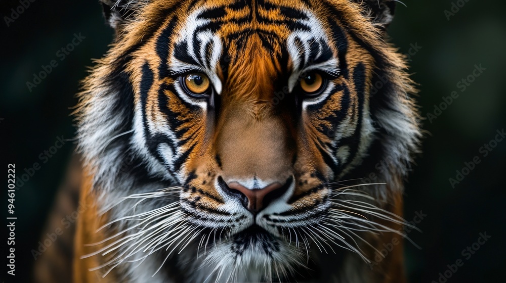 Close-up of a majestic tiger showcasing its striking features and intense gaze. Close-up of a majestic tiger showcasing its striking features and intense gaze.