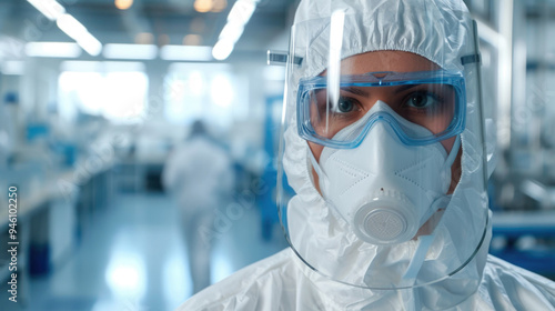 Scientist or Medical staff wearing personal protective gown or PPE, white N95 mask and blue medical gloves puts on goggles.