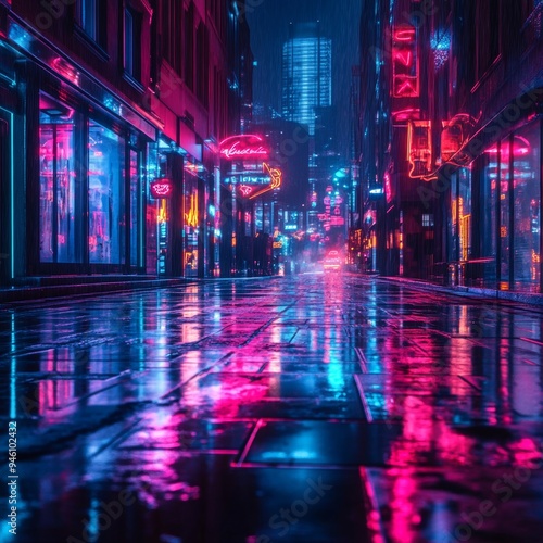 Neon-lit city street at night with vibrant glowsticks illuminating the scene, urban nightlife in a futuristic city, neon glowtime vibes, dynamic urban energy.
