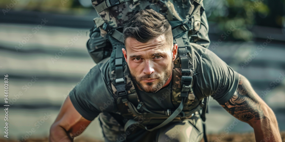 Fototapeta premium A young man rucks energetically through an urban area, showcasing strength and determination