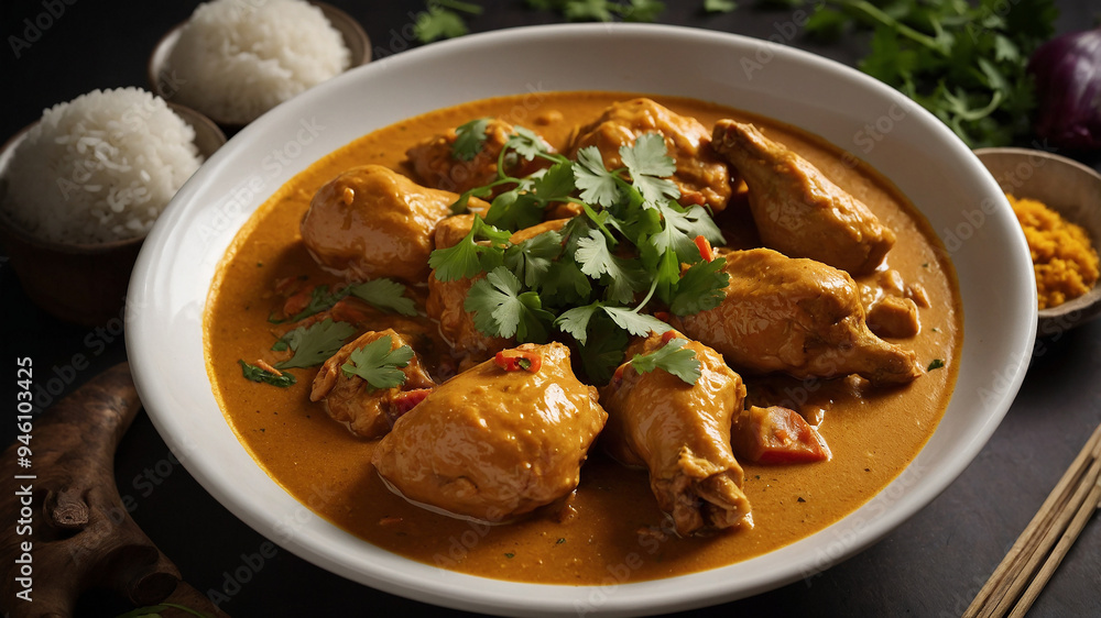 Delicious chicken curry served in a white plate, garnished with cilantro, accompanied by rice bowls. Delicious chicken curry served in a white plate, garnished with cilantro, accompanied by rice bowls.