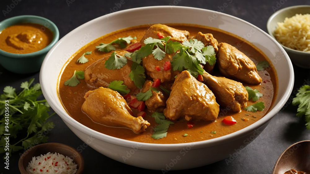 Delicious chicken curry served in a white plate, garnished with cilantro, accompanied by rice bowls. Delicious chicken curry served in a white plate, garnished with cilantro, accompanied by rice bowls.