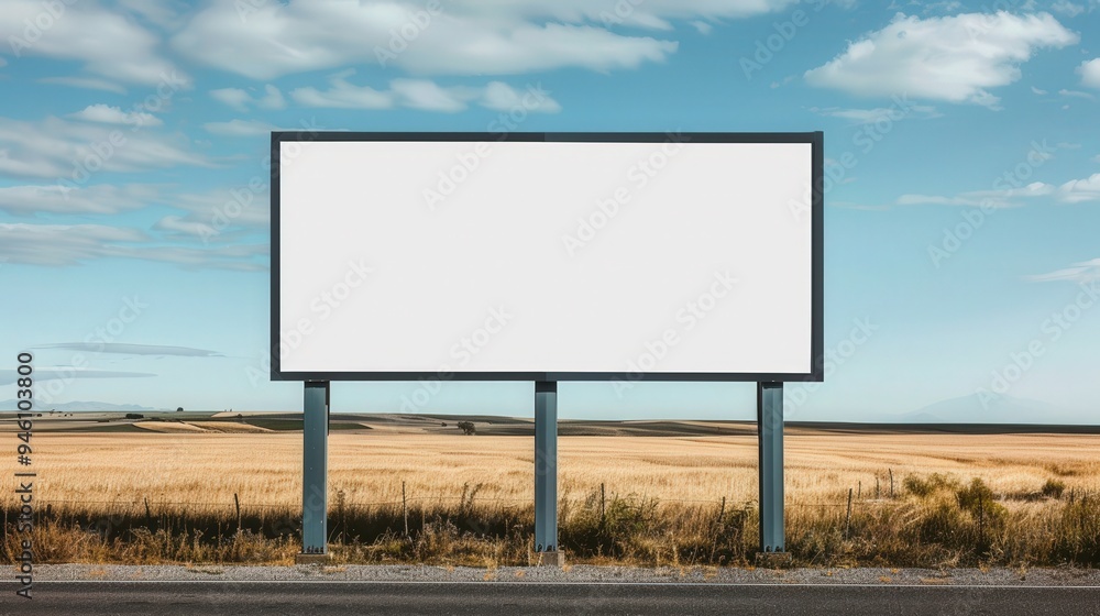 Empty billboard along a rural road, surrounded by expansive fields, inviting potential advertisements, showcasing open space and country charm. Empty billboard along a rural road, surrounded by expansive fields, inviting potential advertisements, showcasing open space and country charm.