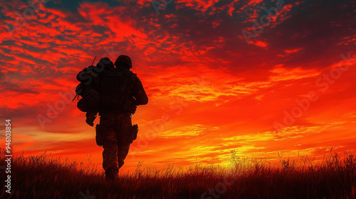 A soldier carries a comrade against a stunning sunset backdrop, showcasing bravery and camaraderie in a captivating landscape. photo