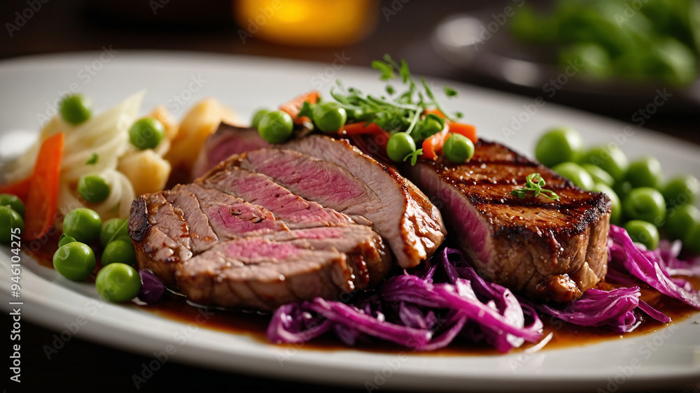 Succulent grilled meat with peas and red cabbage salad on a white plate with dark background, dinner. Succulent grilled meat with peas and red cabbage salad on a white plate with dark background, dinner.