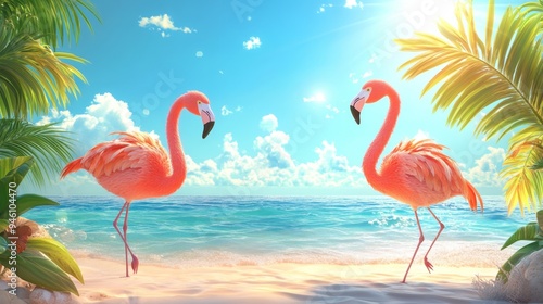 Flamingos on Beach.