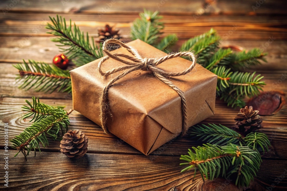 Minimalist brown Christmas gift box on a weathered wooden table Minimalist brown Christmas gift box on a weathered wooden table